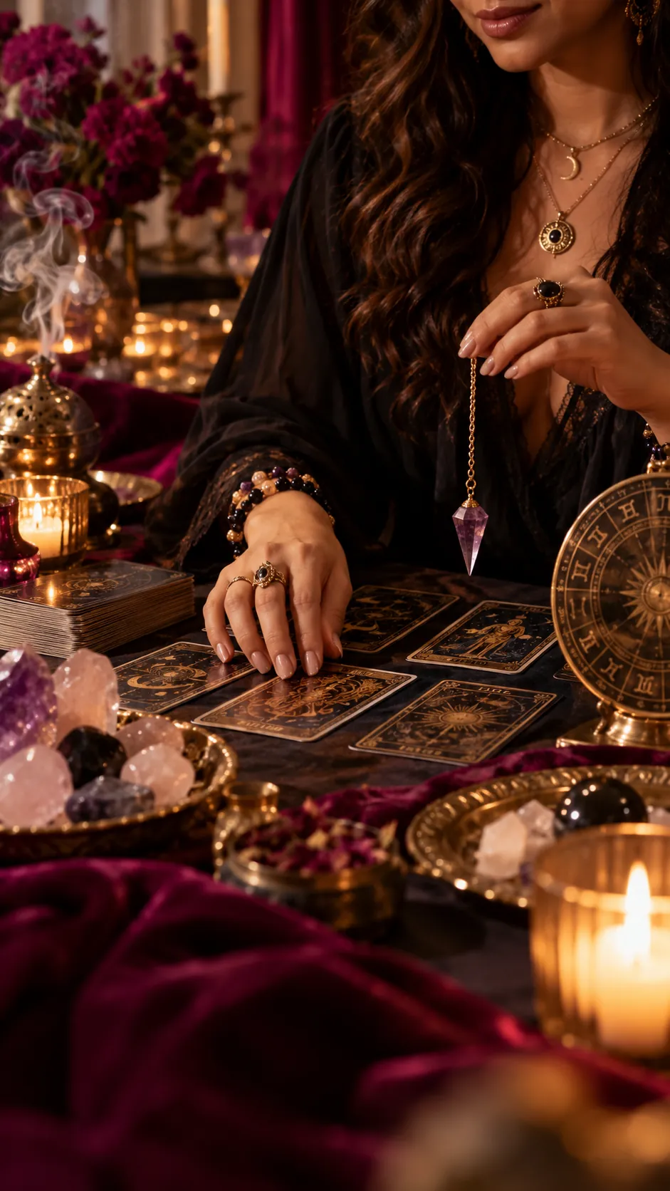 Una mano sostiene un péndulo de cristal sobre las cartas, a la luz de las velas